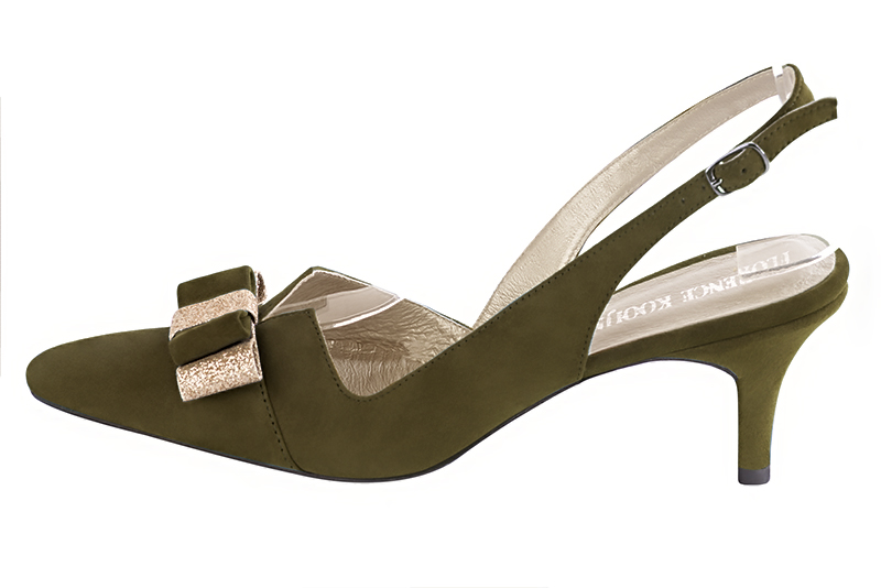 Khaki green and gold women's open back shoes, with a knot. Tapered toe. Medium slim heel. Profile view - Florence KOOIJMAN
